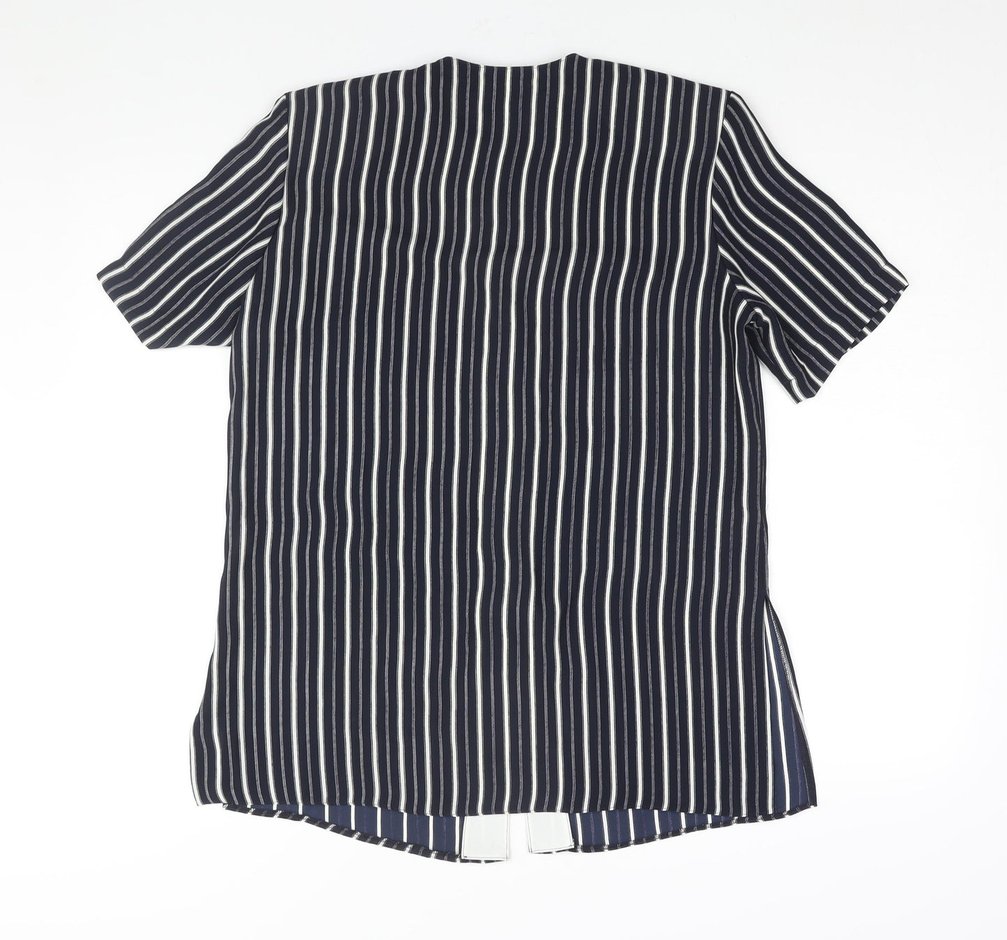 Eugen Klein Womens Blue Striped Polyester Tunic Blouse Size 10 Round Neck - Shoulder Pads Side Slits