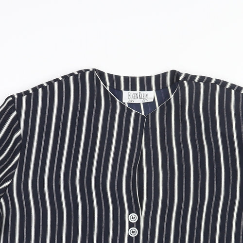 Eugen Klein Womens Blue Striped Polyester Tunic Blouse Size 10 Round Neck - Shoulder Pads Side Slits