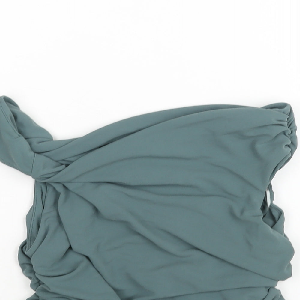 Zara Womens Green Polyester Cropped Blouse Size S Boat Neck - Rouched