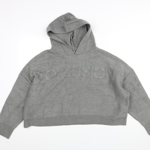 COLLUSION Womens Grey Round Neck Acrylic Pullover Jumper Size 18 - Logo Hooded Cropped