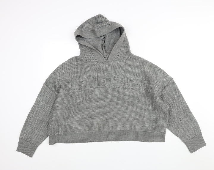 COLLUSION Womens Grey Round Neck Acrylic Pullover Jumper Size 18 - Logo Hooded Cropped