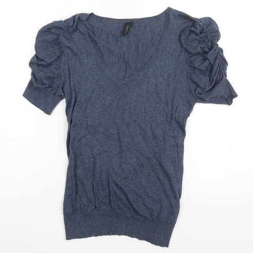 Topshop Womens Blue V-Neck Cotton Pullover Jumper Size 12 - Rouched Sleeve
