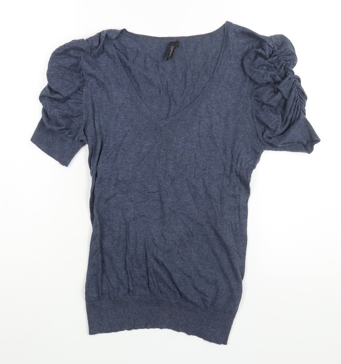 Topshop Womens Blue V-Neck Cotton Pullover Jumper Size 12 - Rouched Sleeve