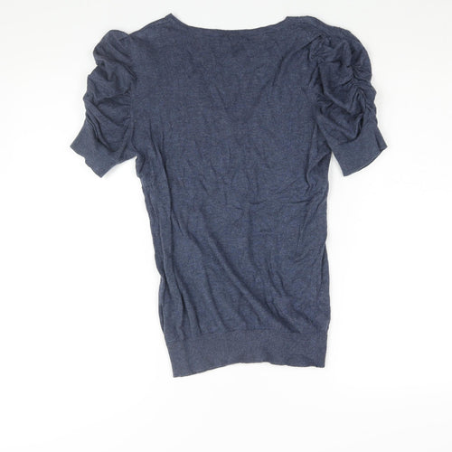 Topshop Womens Blue V-Neck Cotton Pullover Jumper Size 12 - Rouched Sleeve