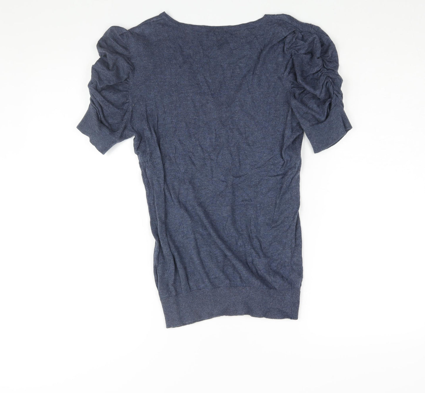 Topshop Womens Blue V-Neck Cotton Pullover Jumper Size 12 - Rouched Sleeve