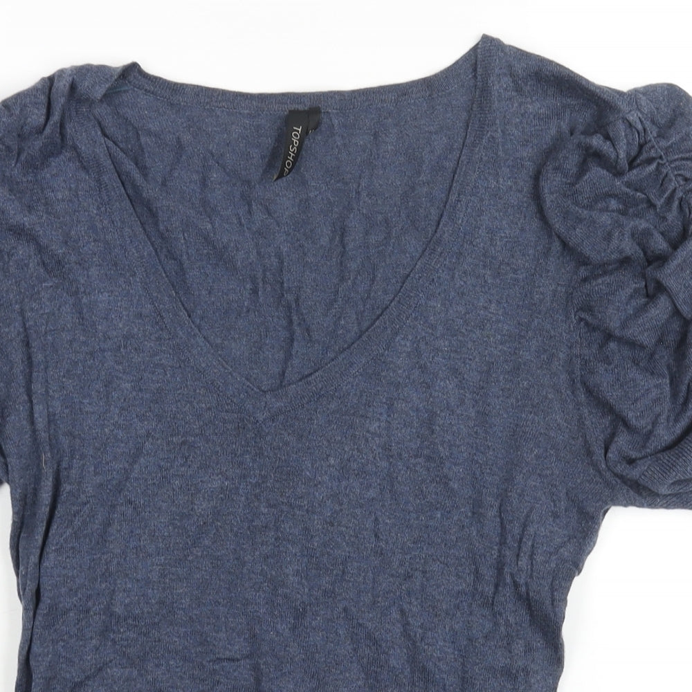 Topshop Womens Blue V-Neck Cotton Pullover Jumper Size 12 - Rouched Sleeve