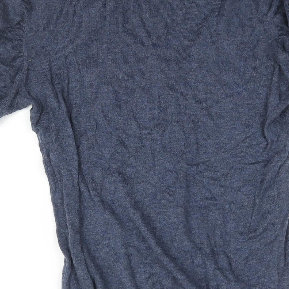 Topshop Womens Blue V-Neck Cotton Pullover Jumper Size 12 - Rouched Sleeve