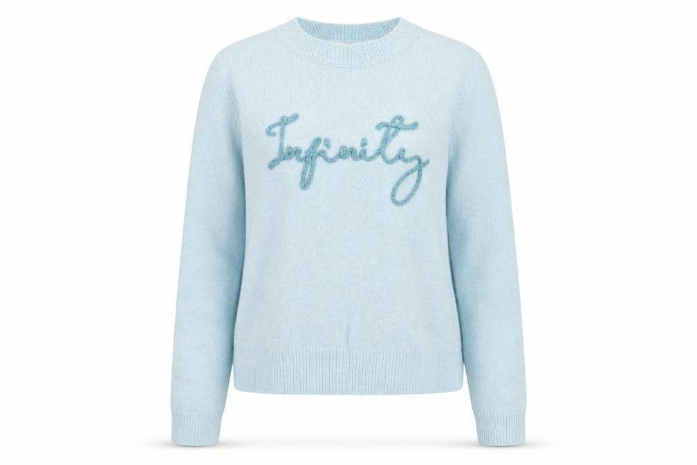Front view of Springfield women’s blue mock neck acrylic jumper, size L, - infinity