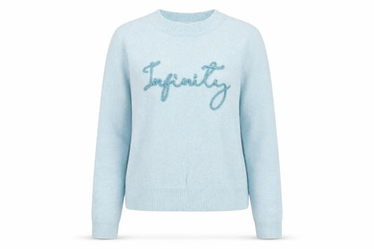 Front view of Springfield women’s blue mock neck acrylic jumper, size L, - infinity