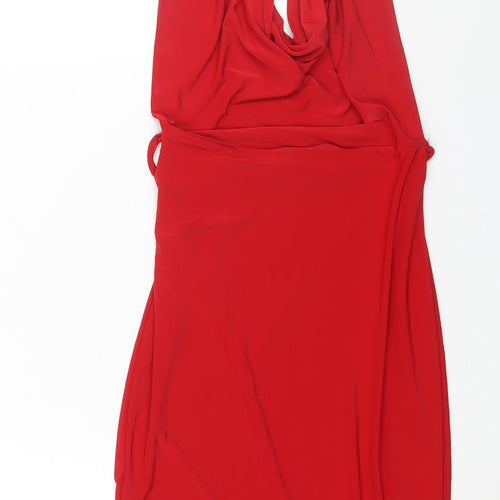 PRETTYLITTLETHING Womens Red Polyester Bodycon Size 8 Halter Button - Cowl Neck Backless
