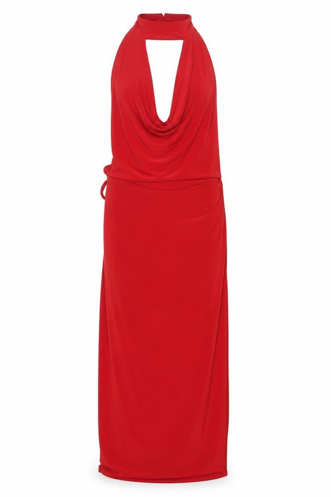 Front view of PRETTYLITTLETHING women’s red polyester bodycon, size UK 8, halter button - cowl neck backless