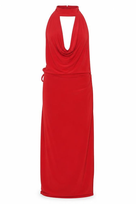 Front view of PRETTYLITTLETHING women’s red polyester bodycon, size UK 8, halter button - cowl neck backless
