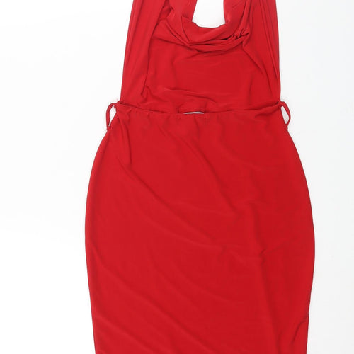 PRETTYLITTLETHING Womens Red Polyester Bodycon Size 8 Halter Button - Cowl Neck Backless