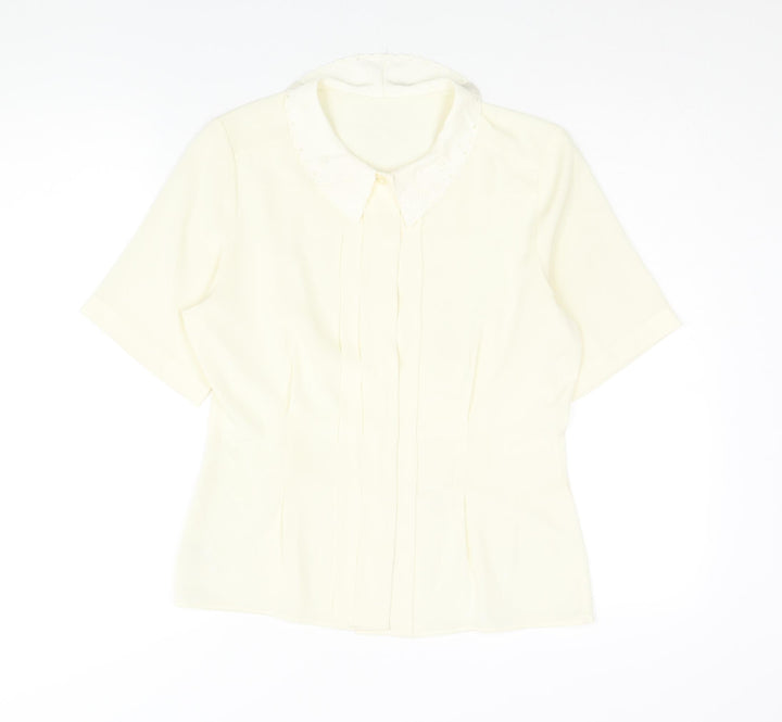 St Michael Womens Ivory Polyester Basic Blouse Size 10 Collared - Embroidered Collar Pleated Front