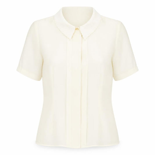 Front view of St Michael women’s ivory polyester basic blouse, size UK 10, collared - embroidered collar pleated front