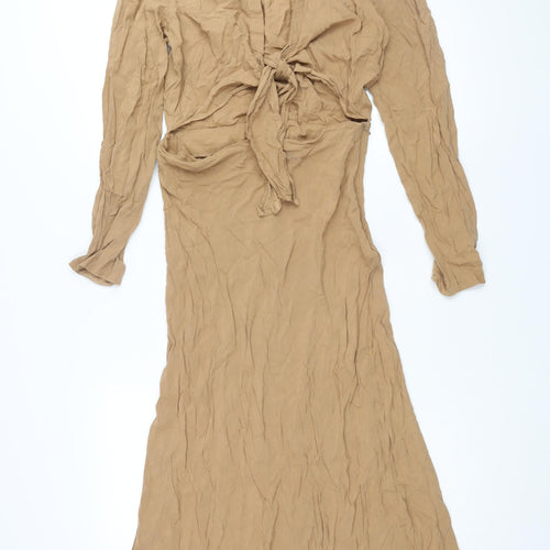 ASOS Womens Brown Viscose Shirt Dress Size 10 Collared Zip - Tie Detail Cut Out