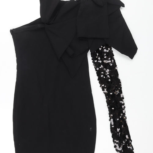 Aqua Womens Black Viscose Mini Size 8 One Shoulder Zip - Sequin Sleeve Shoulder Detail