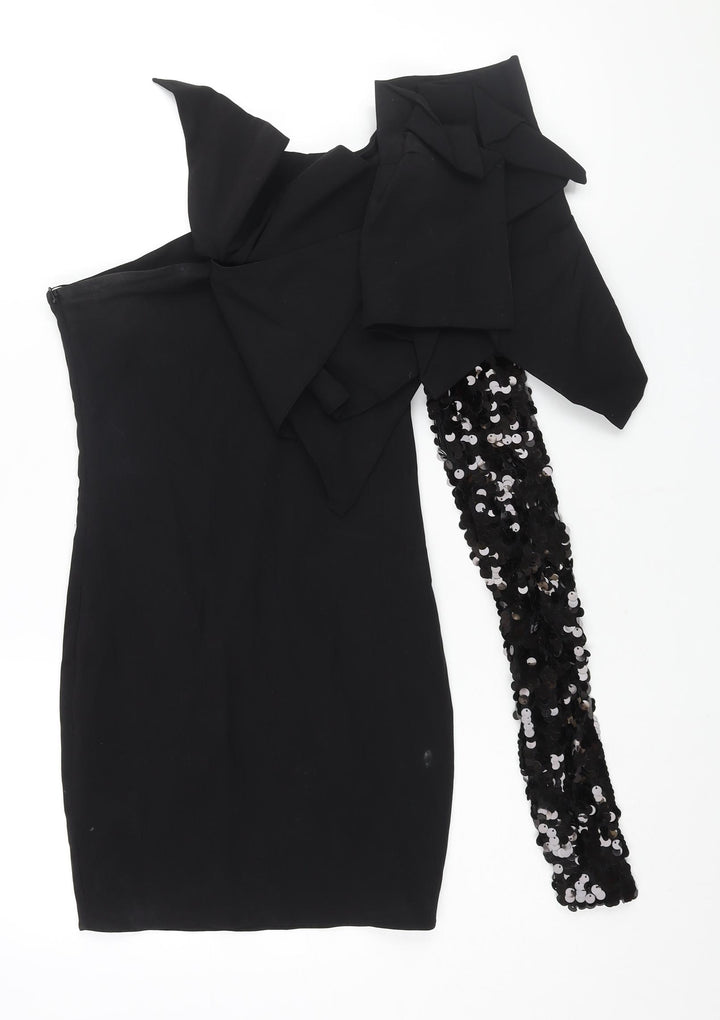 Aqua Womens Black Viscose Mini Size 8 One Shoulder Zip - Sequin Sleeve Shoulder Detail