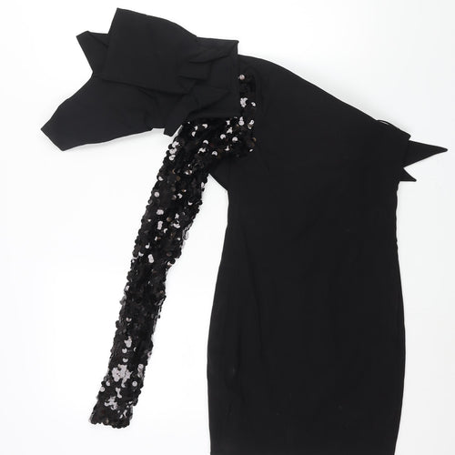 Aqua Womens Black Viscose Mini Size 8 One Shoulder Zip - Sequin Sleeve Shoulder Detail
