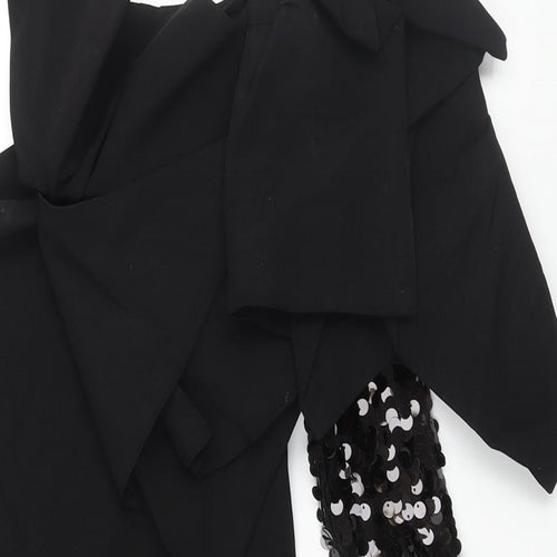 Aqua Womens Black Viscose Mini Size 8 One Shoulder Zip - Sequin Sleeve Shoulder Detail