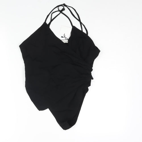 Zara Womens Black Viscose Bodysuit One-Piece Size L Button - Wrap Style Rouched