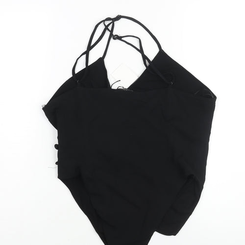 Zara Womens Black Viscose Bodysuit One-Piece Size L Button - Wrap Style Rouched