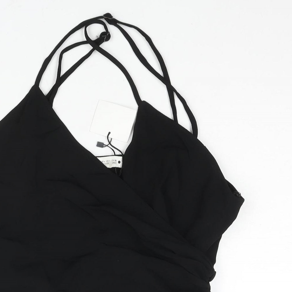 Zara Womens Black Viscose Bodysuit One-Piece Size L Button - Wrap Style Rouched