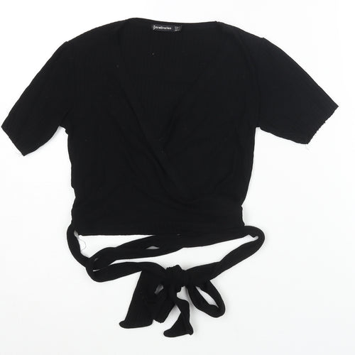 Stradivarius Womens Black Polyester Wrap T-Shirt Size S V-Neck - Ribbed