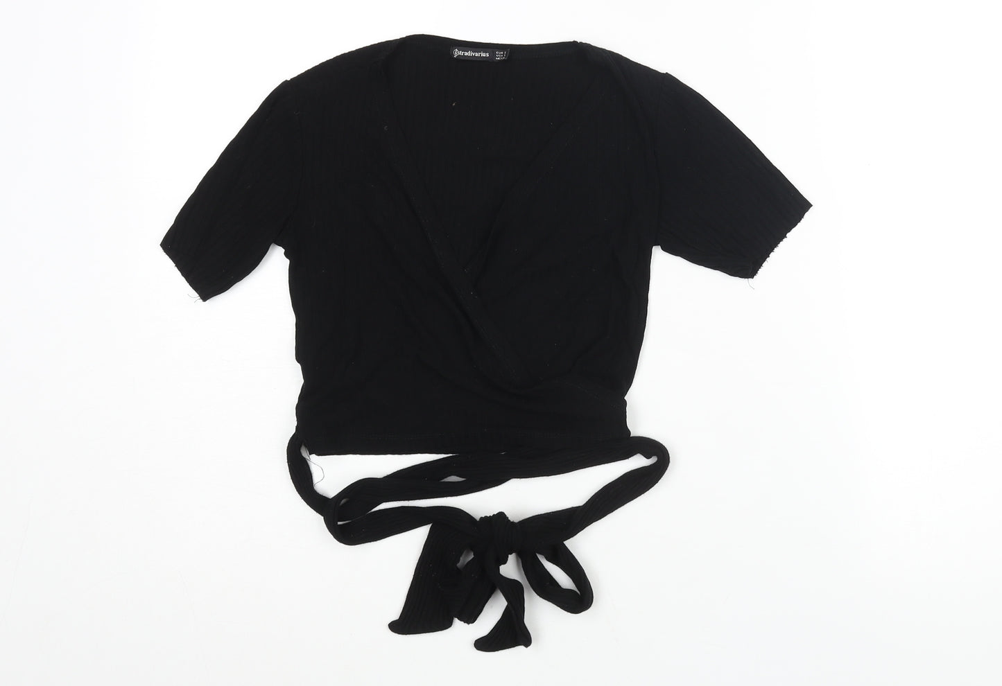 Stradivarius Womens Black Polyester Wrap T-Shirt Size S V-Neck - Ribbed