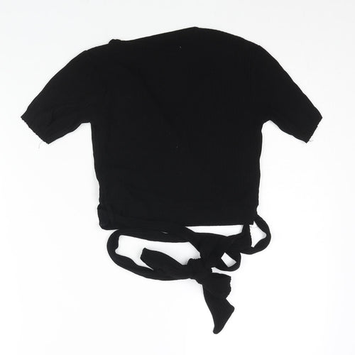 Stradivarius Womens Black Polyester Wrap T-Shirt Size S V-Neck - Ribbed