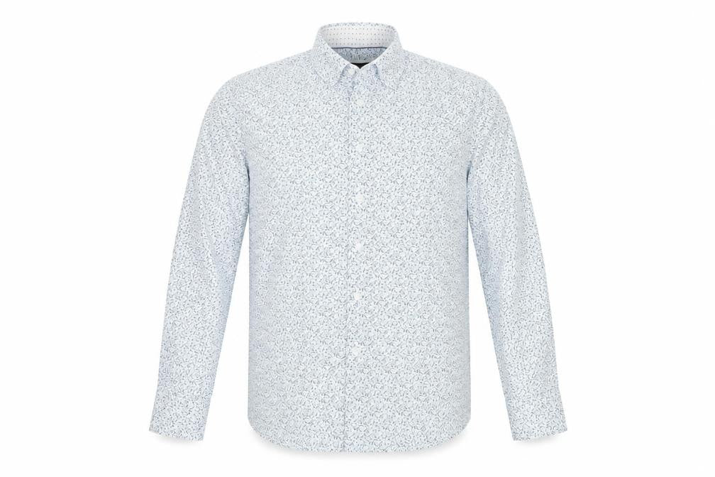 Front view of Report Collection men’s black geometric cotton button-up, size 16, collared button