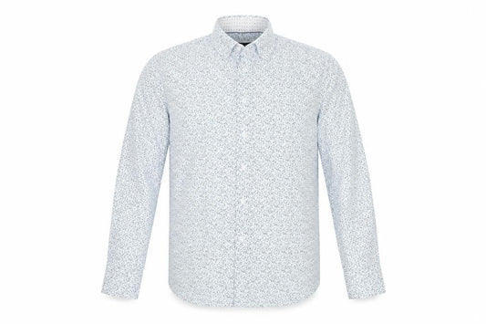 Front view of Report Collection men’s black geometric cotton button-up, size 16, collared button