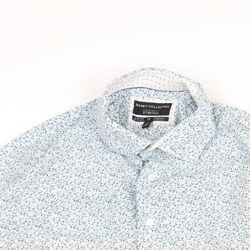 Report Collection Mens Black Geometric Cotton Button-Up Size 16 Collared Button