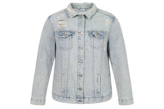 Front view of New Look women’s blue jacket, size UK 8, button
