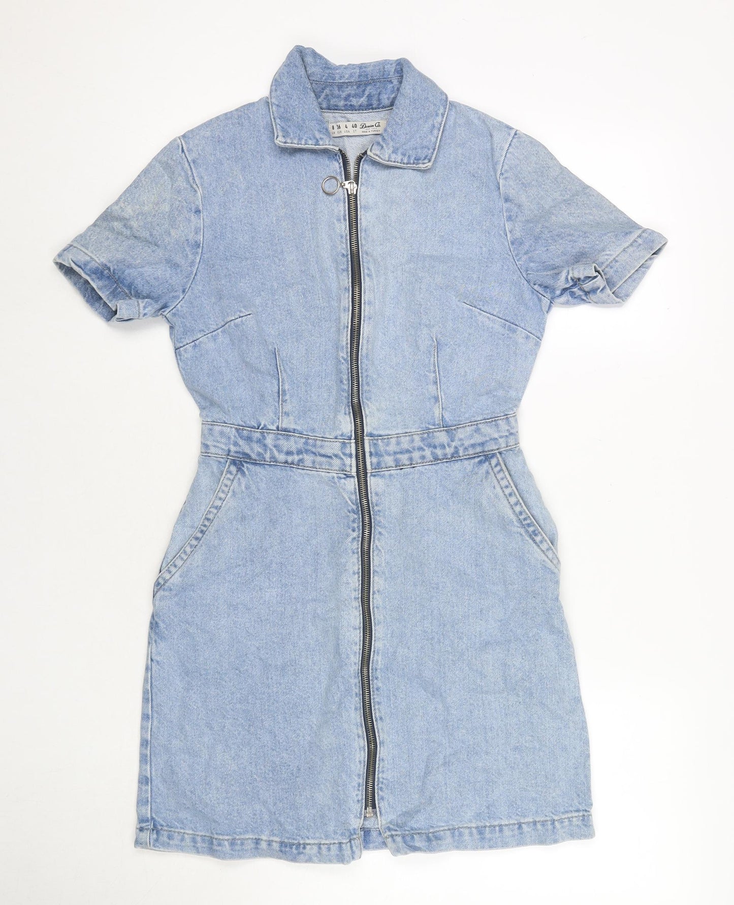 Denim & Co. Womens Blue Cotton T-Shirt Dress Size 8 Collared Zip