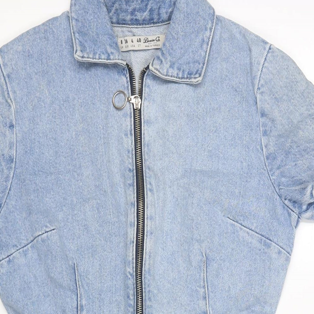 Denim & Co. Womens Blue Cotton T-Shirt Dress Size 8 Collared Zip