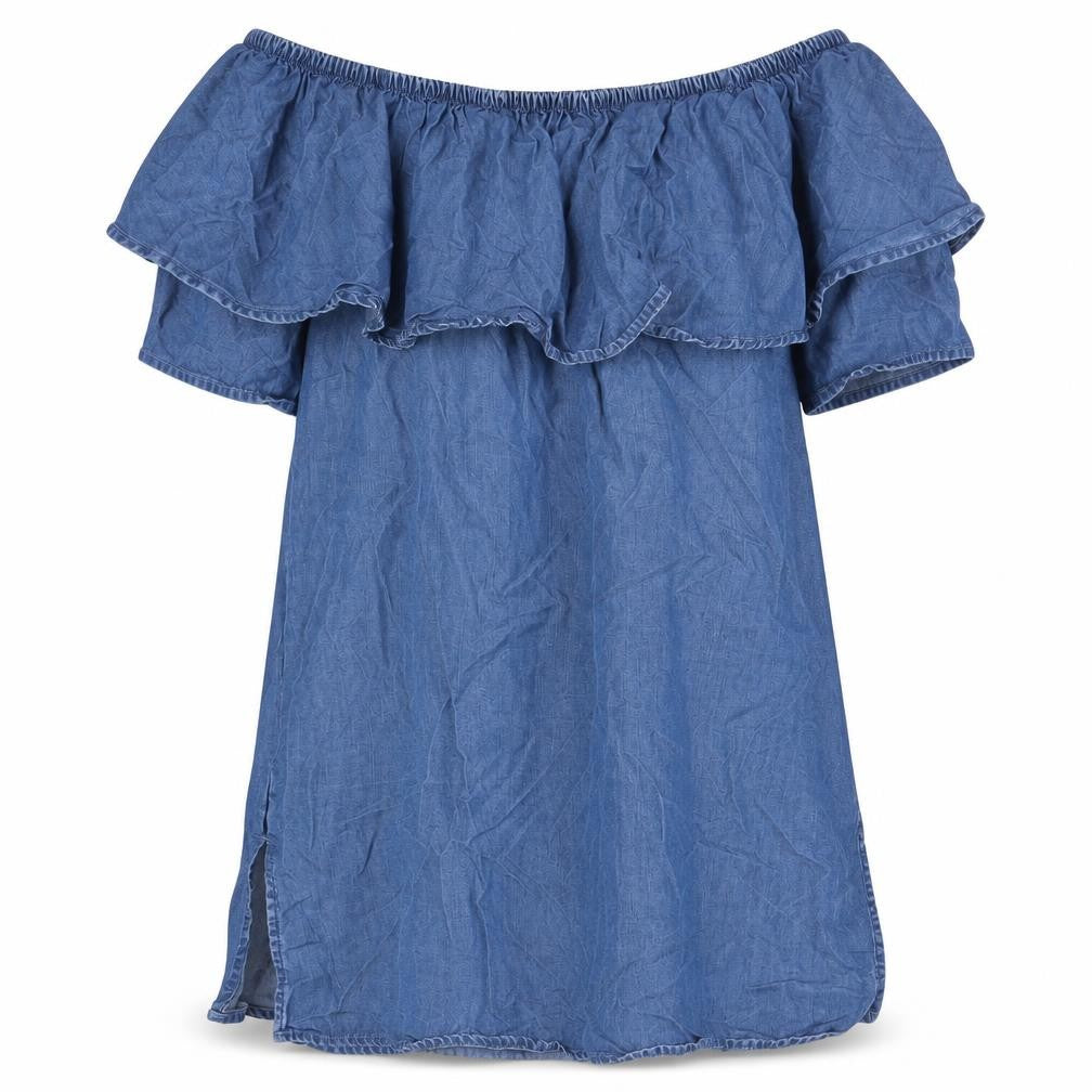 Front view of Tu women’s blue lyocell a-line, size UK 12, off the shoulder pullover - strapless