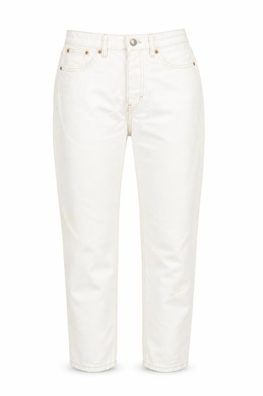 Front view of Topshop women’s white cotton mom jeans, size UK 28, in, 30-inch leg regular zip