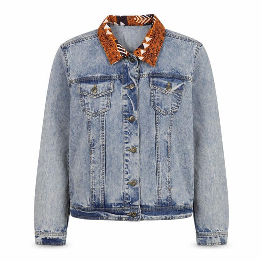 Front view of Selected women’s blue jacket, size UK 12, button - geometric patch detail