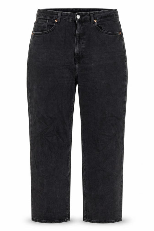 Front view of H&M women’s black cotton mom jeans, size UK 32, in, 28-inch leg regular zip