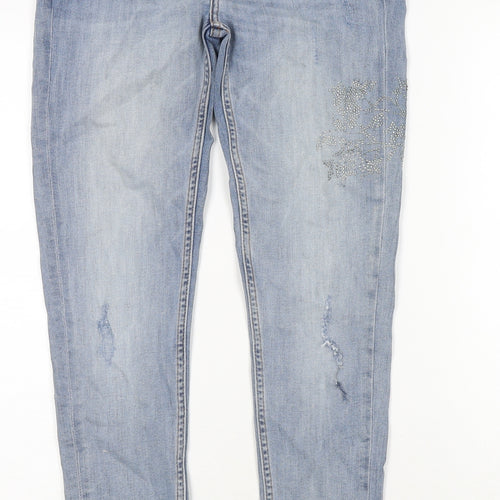 Zara Womens Blue Cotton Skinny Jeans Size 10 L28 in Regular Zip - Embellishment Detail