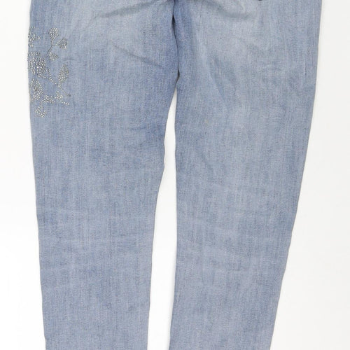 Zara Womens Blue Cotton Skinny Jeans Size 10 L28 in Regular Zip - Embellishment Detail