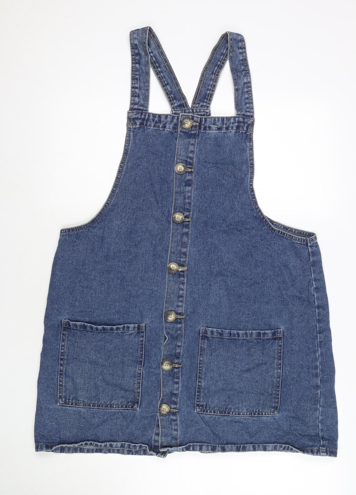 Denim & Co. Womens Blue Cotton Pinafore/Dungaree Dress Size 18 Square Neck Button