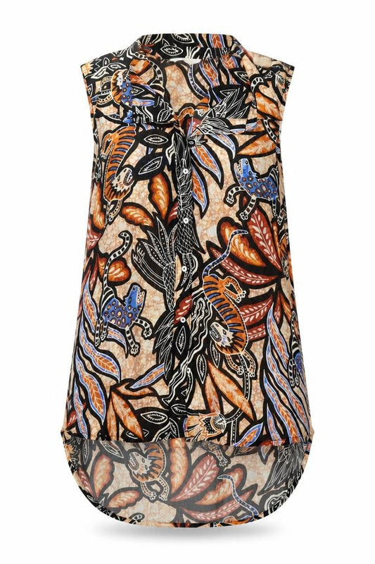 Front view of H&M women’s brown geometric polyester basic button-up, size UK 4, collared