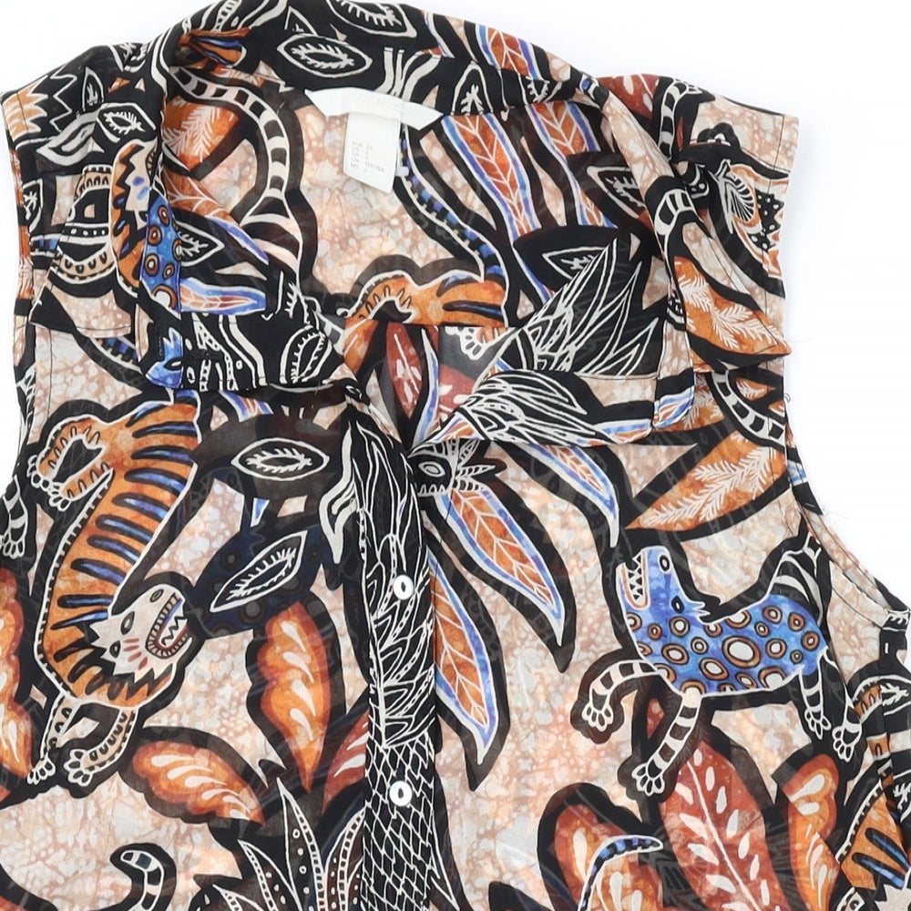 H&M Womens Brown Geometric Polyester Basic Button-Up Size 4 Collared