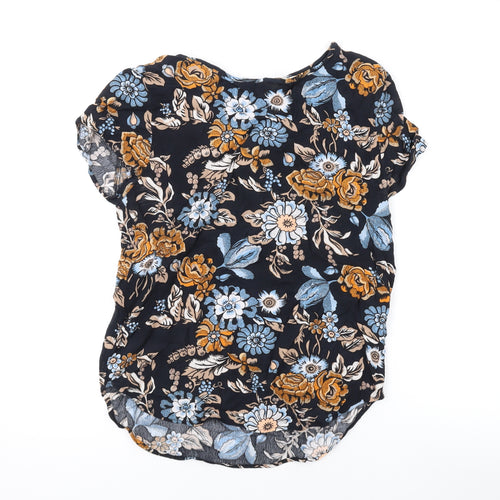 H&M Womens Black Floral Viscose Basic T-Shirt Size 8 Round Neck