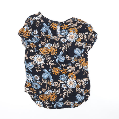 H&M Womens Black Floral Viscose Basic T-Shirt Size 8 Round Neck