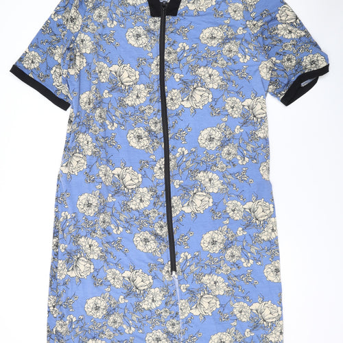 Besdel Womens Blue Floral Cotton T-Shirt Dress Size XL V-Neck Zip