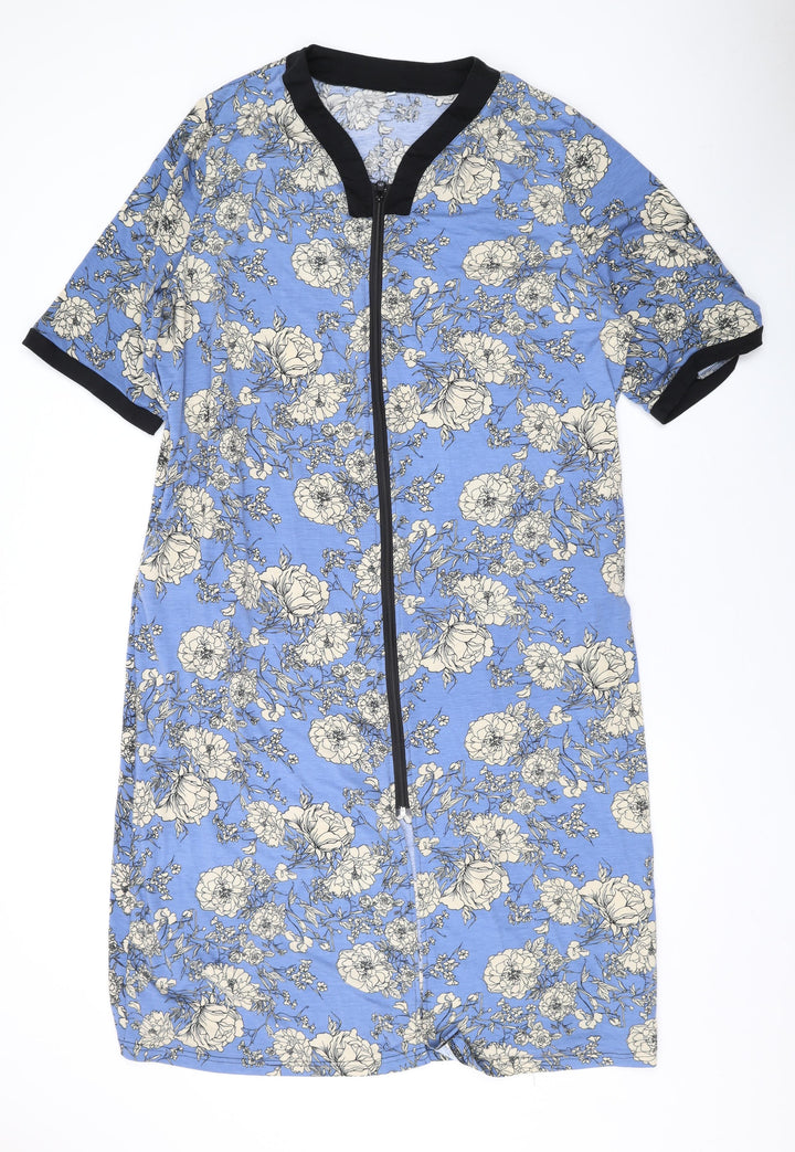 Besdel Womens Blue Floral Cotton T-Shirt Dress Size XL V-Neck Zip