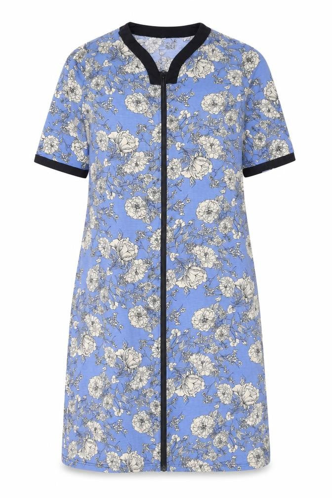 Besdel Womens Blue Floral Cotton T-Shirt Dress Size XL V-Neck Zip